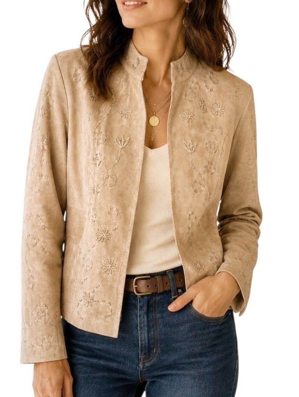 Coldwater Creek Genuine Suede Jacket Artisan Floral Cutwork Boho M Petite